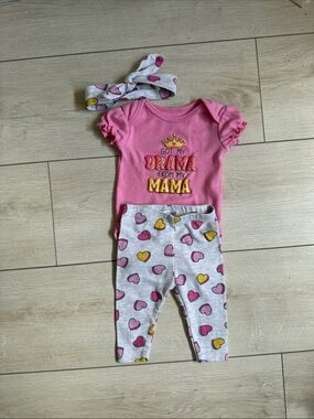 Pink "Got My Drama From My Mama" Baby Pajama Set with Heart Leggings & Headband